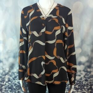 Ann Taylor Petites sz PM Ribbon Print Pleated Long Sleeve V-Neck Blouse / Top
